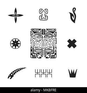 Vector schwarz Schwarz-Weiß-hand nativen polynesischen Volkskunst Symbole gezeichnet Tiki, Tapa Blume, Enata, Fisch Haken, Puahitu, Kompass, Moray, Aal, Kena warri Stock Vektor
