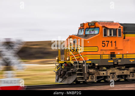 BNSF Einheit Kohle Züge gehen hin und her zwischen Zechen im Einzugsgebiet von Wyoming und Montana und die Dienstprogramme, die Kohle in der midw verwenden Stockfoto