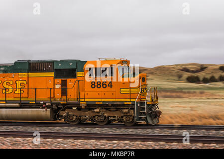 BNSF Einheit Kohle Züge gehen hin und her zwischen Zechen im Einzugsgebiet von Wyoming und Montana und die Dienstprogramme, die Kohle in der midw verwenden Stockfoto