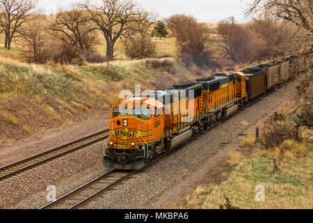 BNSF Einheit Kohle Züge gehen hin und her zwischen Zechen im Einzugsgebiet von Wyoming und Montana und die Dienstprogramme, die Kohle in der midw verwenden Stockfoto