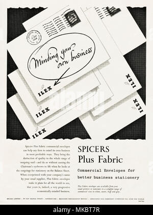 1950s Vintage original Werbung Werbung ILEX Spicers Plus Fabric kommerzielle Umschläge für Geschäftsdrucksachen in Englisch Magazin ca. 1958 Stockfoto