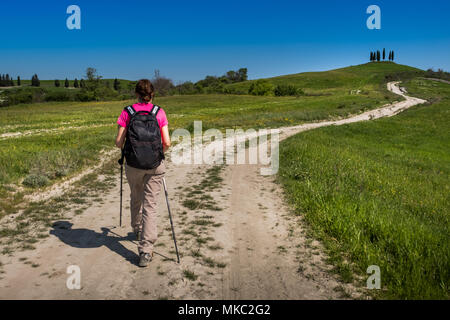 ASCIANO, Toskana, Italien - 25 April 2018: Trekking, Asciano mit Schluchten, Farmen in einer rauen Landschaft, in Serre di Rapolano, bekannt für die Trave angekommen Stockfoto