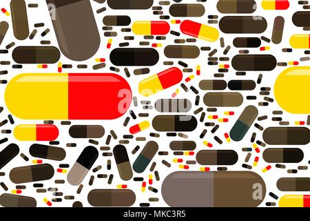 Zusammenfassung Kapseln, Medizin oder Pillen Illustrationen Hintergrund Muster. Apotheke Gesundheit konzeptionell. Vektorgrafik. Stock Vektor