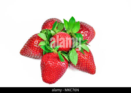 Paar frische rote reife und Lecker Erdbeeren mit grünen Kelchblättern Nahaufnahme isoliert auf weißem Hintergrund in Form der Blüte entfernt Stockfoto