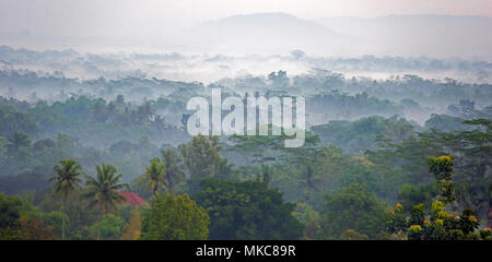 Misty Morning Landschaft als von Borobudur buddhistischen Tempel Java Indonesien gesehen Stockfoto