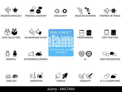 Pixel Perfect dünne Linie Icons und Symbole für künstliche Intelligenz/AI. Stock Vektor