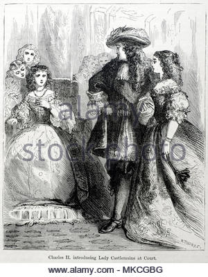 König Charles II., 1630 - 1685, Einführung von Lady Castlemaine, einer seiner zahlreichen Mätressen am Hofe, antike Abbildung von 1880 Stockfoto
