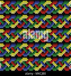 Verflechtung von hell gelbe, grüne, blaue und rote Linien auf schwarzem Hintergrund, nahtlose Vektor Strickmuster als Stoff Textur Stock Vektor