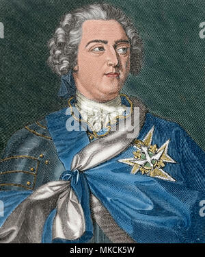 Louis XV. von Frankreich (Versailles, 1710 - Versailles, 1774), so genannte Louis die Geliebte oder Louis die Well-Beloved. Der König von Frankreich und Navarra (1715-1774). Monarch des Hauses Bourbon. Während seiner nonage, bis 1723, Philippe II (Herzog von Orleans) das Regency gehandelt hat. Gravur, Ca. 1880. Später Färbung. Stockfoto