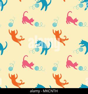 Nahtlose Muster mit niedlichen bunten Spielen Katzen. Wiederholen Katzen Hintergrund für Textilien, Papier, Tapeten, scrapbooking. Stock Vektor