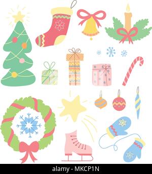 Weihnachten Satz von Hand gezeichnet Doodles in einem einfachen Stil. Vektor bunte Illustration mit Weihnachten: Weihnachtsbaum, Zuckerstange, Kranz, snowflak Stock Vektor