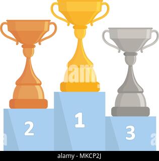 Gold, Silber und Bronze Trophy Cups. Baum Sieger Cups auf dem Podium. Flache Bauform. Stock Vektor