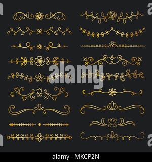 Sammlung von goldenen Hand gezeichnet text Teiler gedeihen. Doodle gold botanischen Grenzen für Typografie Design, Einladungen, Grußkarten. Kalligrafische Stock Vektor