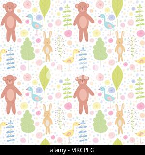 Wald Tiere nahtlose Muster mit Bär, Kaninchen, Vögel und Blumen. Vektor ernten Hintergrund witz Waldtiere. Baby textile Muster mit niedlichen Fore Stock Vektor