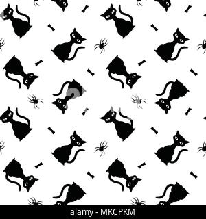 Die nahtlose Vektor halloween Muster mit schwarzen Katzen, Spinnen und Knochen. Stock Vektor