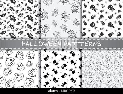 Satz von Halloween vector Patterns. Endlose monochrome halloween Texturen für Tapeten, musterfüllungen, Webseite, Hintergrund, Oberfläche, Textil, scrapbook Stock Vektor