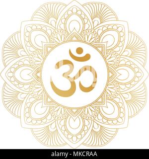 Golden Aum Om Ohm Symbol in Dekorative Runde mandala Ornament, perfekt für t-shirt Drucke, Poster, textile Design, Typografie waren. Stock Vektor