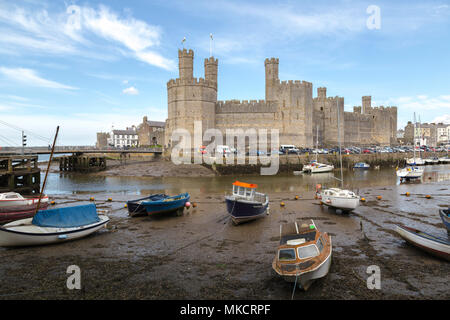 Caernarfon Castle, ein UNESCO-Weltkulturerbe, auf dem Fluss Seiont, bei Ebbe, Caernarfon, Gwynedd, Wales, Großbritannien gesehen. Stockfoto