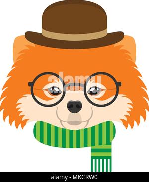 Portrait von pomeranian Hund mit Brille und Hut im flachen Stil. Vector Illustration der Hipster Hund für Karten, t-shirt Print, Plakat. Stock Vektor