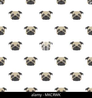 Die nahtlose Vektor Muster mit Mops. Hund Kopf, flache Symbol wiederholen Hintergrund für textile Design, Geschenkpapier, Tapeten oder Scrapbooking. Stock Vektor
