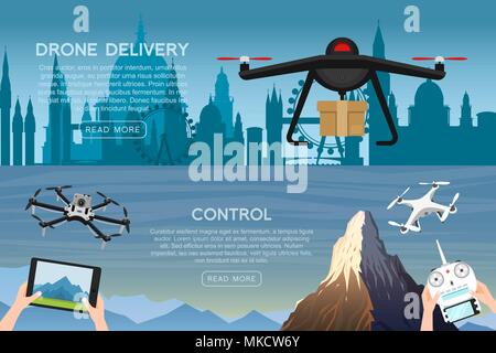 Moderne, Drohnen für und einer Fernbedienung. Video und Foto und Lieferung. Wissenschaft und Technologien. Radio Roboter mit Kamera in der Luft. Innovative Systeme. Hintergrund oder Poster. Stock Vektor