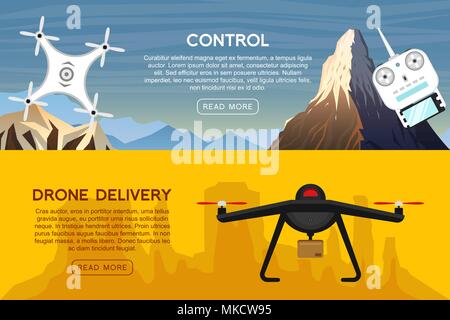 Moderne, Drohnen für und einer Fernbedienung. Video und Foto und Lieferung. Wissenschaft und Technologien. Radio Roboter mit Kamera in der Luft. Innovative Systeme. Hintergrund oder Poster. Stock Vektor