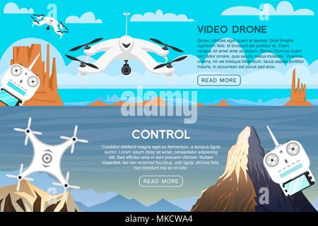 Moderne, Drohnen für und einer Fernbedienung. Video und Foto. Wissenschaft und Technologien. Radio Roboter mit Kamera in der Luft. Innovative Systeme. Hintergrund oder Poster. Stock Vektor