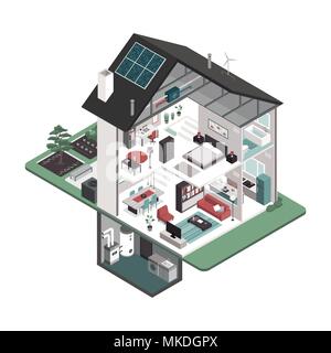 Moderne energieeffiziente isometrische Haus Querschnitt und Zimmer auf weißem Hintergrund, Immobilien und eco Gebäude Konzept Stock Vektor