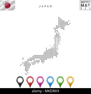 Vektor gepunktete Karte von Japan. Einfache Silhouette von Japan. Die Nationalflagge von Japan. Eingestellt von bunten Karte Markierungen Stock Vektor