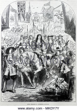 Charles II. in London anreisen, 29. Mai 1660 Nach seiner Reise von Dover - Charles II., 1630 - 1685 war König von England, Schottland und Irland. Er war König von Schottland von 1649 bis zu seiner Absetzung 1651, und der König von England, Schottland und Irland von der Restauration der Monarchie 1660 bis zu seinem Tod, antike Darstellung von ca. 1880 Stockfoto