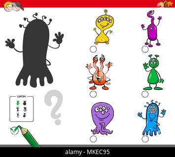 Cartoon Illustration zu finden, die Schatten, ohne Unterschiede Bildungsaktivitäten für Kinder mit Alien Zeichen Stock Vektor
