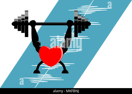 Rotes Herz Muskel- und Kraftaufbau durch Anheben barbell. Das Herz steht auf blauen Boden mit weißem elektrisches Impulssignal der Herzrhythmus. Stockfoto