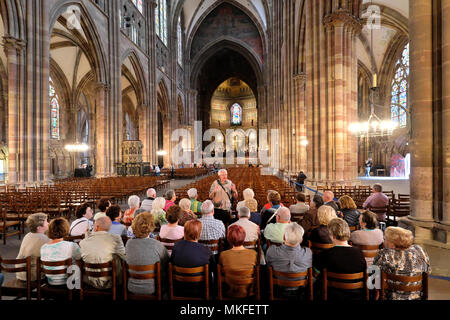 Tour Guide und seine Gruppe der westlichen/europäischen Touristen, Kathedrale von Straßburg/Cathédrale de Strasbourg, Straßburg, Elsass, Frankreich Stockfoto