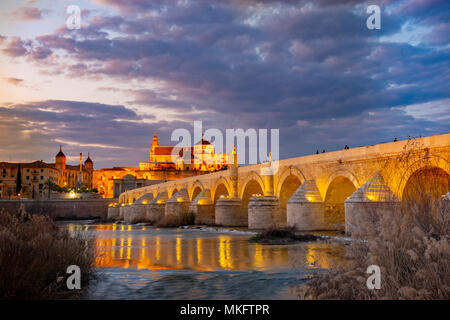 Beleuchtete Puente Romano, Römische Brücke über den Rio Guadalquivir, hinter Mezquita Catedral de Córdoba, Nachtaufnahme, Cordoba Stockfoto