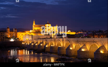 Beleuchtete Puente Romano, Römische Brücke über den Rio Guadalquivir, hinter Mezquita Catedral de Córdoba, Nachtaufnahme, Cordoba Stockfoto