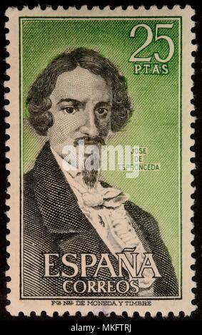 José de Espronceda, ein spanischer Dichter der Romantik, Porträt auf einer spanischen Stempel Stockfoto