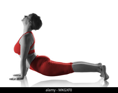 Frau cobra tun Pose auf Weiß Stockfoto