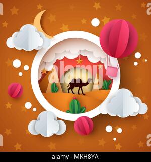 Landschaft der Wüste. Cartoon Papier lamellenschichtung. Kamel, Heißluftballon, Wolke, Mond, Kaktus. Stock Vektor