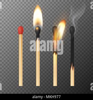 Vector 3d realistische Match stick Icon Set, closeup auf Transparenz grid Hintergrund isoliert. Ganze und verbrannte Streichholz. Stadien der Verbrennung der übereinstimmen. Symbol der Zündung, Brennen und welken. Design Template, clipart für Grafiken Stock Vektor