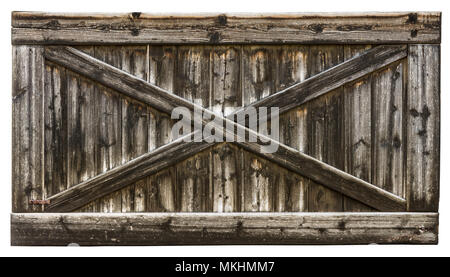 Alte ländliche hölzerne Tor in einem Rahmen aus Latten. Vintage gestreifte Textur aus der Scheune Tür mit einem Kreuz aus Latten. Auf weissem Hintergrund. Stockfoto