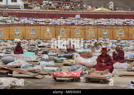 Tibetischen Mönch meditieren vor dem Kloster, Yarchen Gar, Sichuan, China Stockfoto