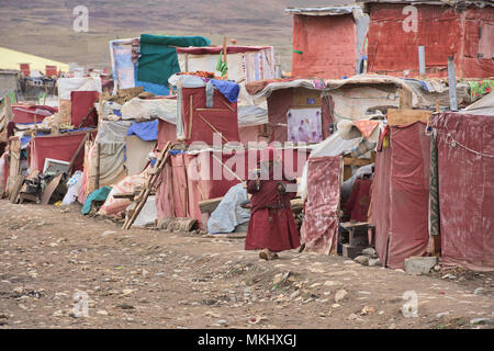 Tibetische Nonne und Slum auf das Kloster Insel Yarchen Gar, Sichuan, China Stockfoto