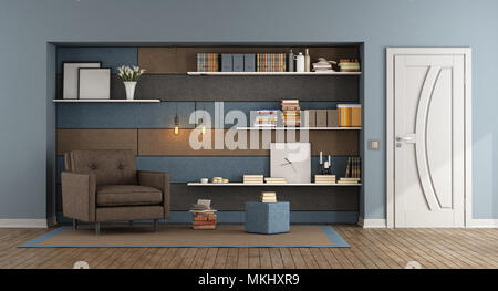 Blau und Braun Wohnzimmer mit Sessel und Stoff Verkleidung Stockfoto