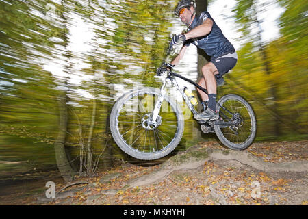 Mountainbiker im Wiener Wald reitet schnell entlang Trail durch den Wald, springt über große Wurzel. Seitenansicht des sportlichen Radfahrer mit Bewegungsunschärfe. Stockfoto