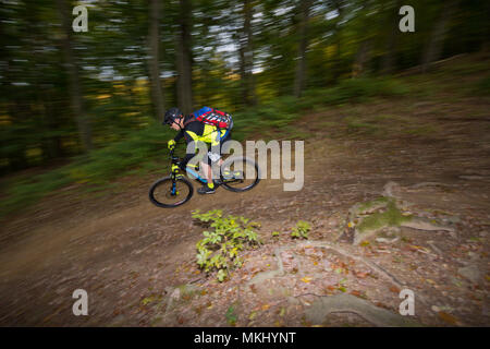 Mann auf e-Bike im Wiener Wald reitet schnell entlang bergab Trail durch den dunklen düsteren Herbst Wald. Seitenansicht des sportlichen Radfahrer mit Bewegungsunschärfe. Stockfoto