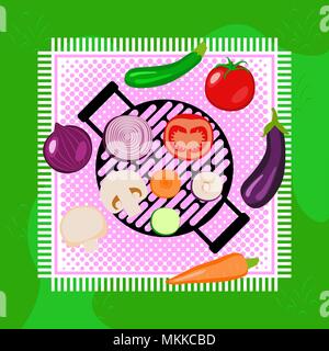 Gemüse Picknick im Freien. Ansicht von oben. Grünes Gras, Tischdecke, runde Grill. In Scheiben geschnitten und Ganzes Gemüse - Zwiebel, Zucchini, Tomaten, Auberginen, Ca Stock Vektor