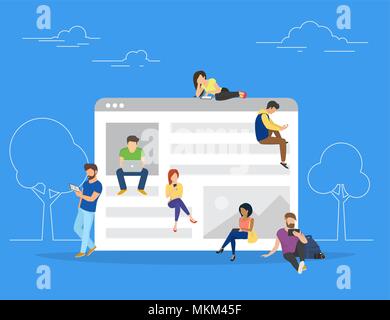 Website surfen Konzept Vector Illustration von jungen Menschen über mobile Geräte wie smarthone, Tablet-PC und Laptop ein Teil der on-line-Gemeinschaft zu werden. Stock Vektor