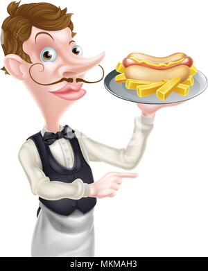 Cartoon Kellner Butler Holding Hotdog zeigen Stock Vektor