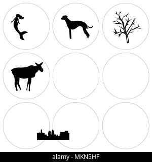 Satz von 9 einfache editierbare Ikonen wie Backflip, weiblichen Elche, Fort Worth sky, Charleston mesquite Baum, kostenfreie Nashville Whippet, Edinburgh Meerjungfrau, Ca Stock Vektor