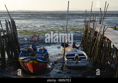 Ebbe in der palaphitic handwerkliche Fischerei Hafen von Carrasqueira, Mündung des Flusses Sado, Portugal Stockfoto
